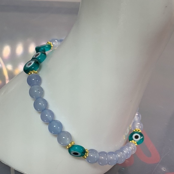 CHALCEDONY + EVIL EYE NATURAL BRACELET size 7” - Picture 2 of 4